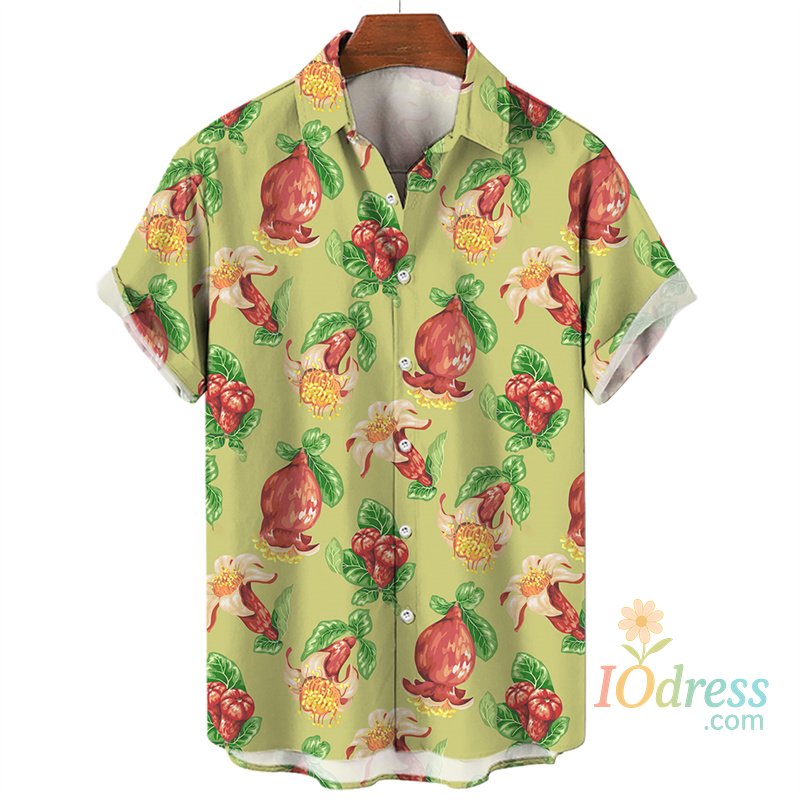 IO Menswear Summer 3d Print Tunisia Pomegranate Flower Shirt Men Casual Tropical Short Sleeves Outdoor Street Oversized Button Laple Blouse