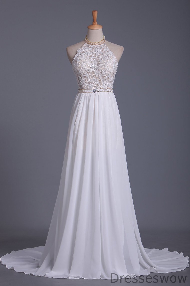Dresseswow Halter Backless Chiffon Long Wedding Dresses With Ruffles Pearl Lace