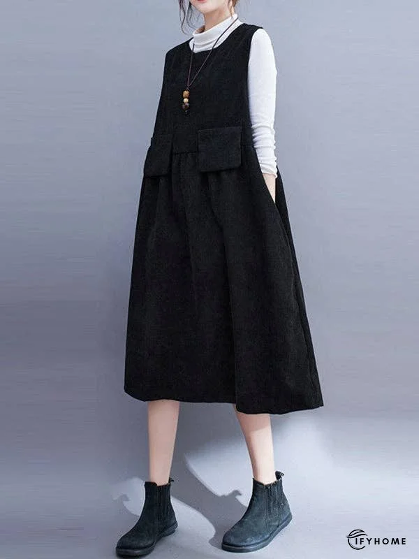 Artistic Retro Loose Sleeveless Solid Color Round-Neck Midi Dresses | IFYHOME