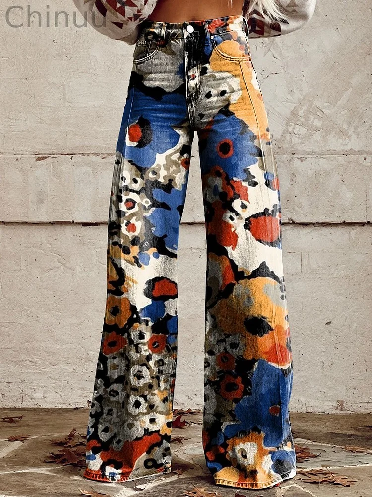 Women's Vintage Print Casual Wide Leg Pants