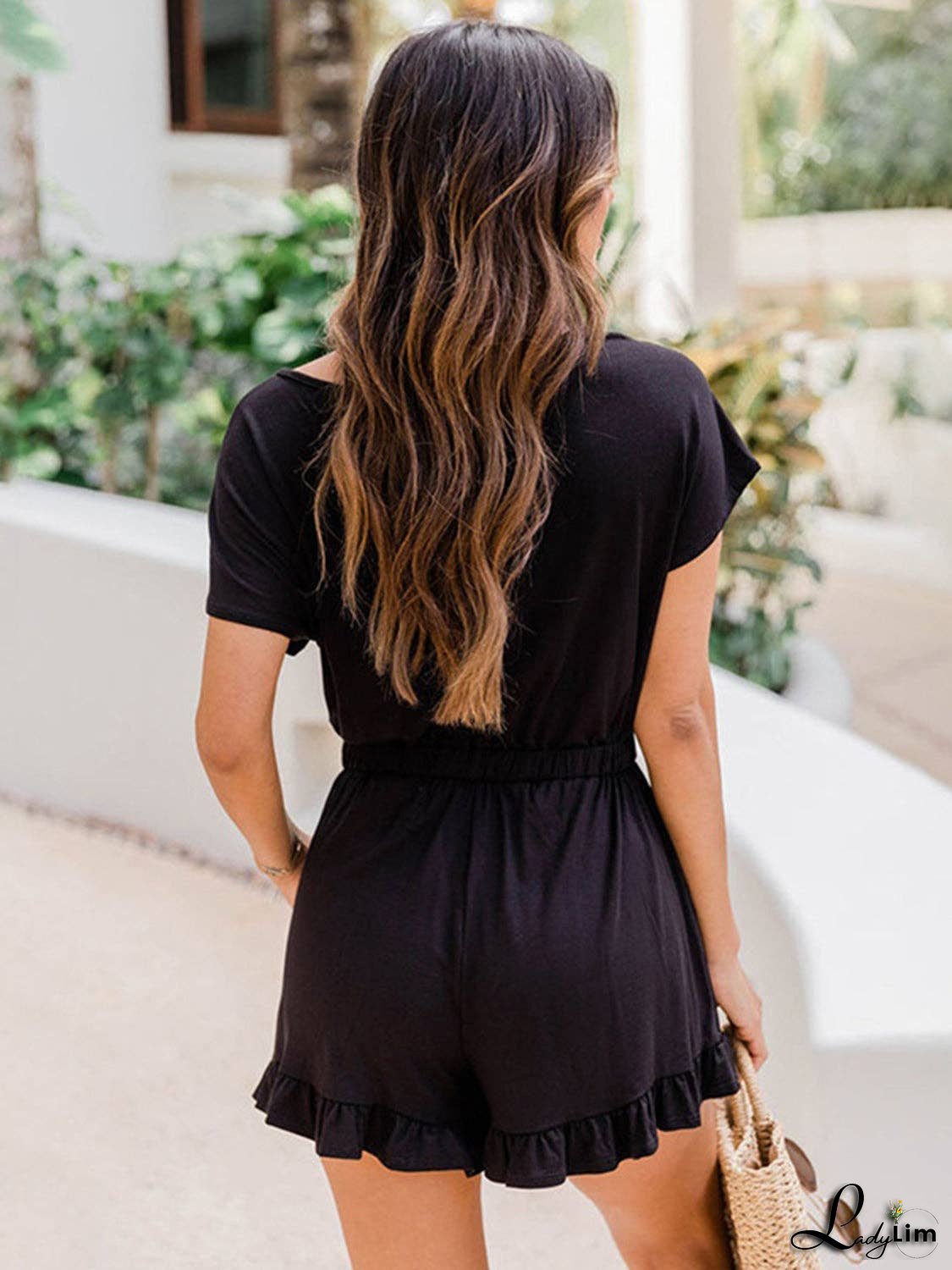 Ruffled Boat Neck Short Sleeve Romper