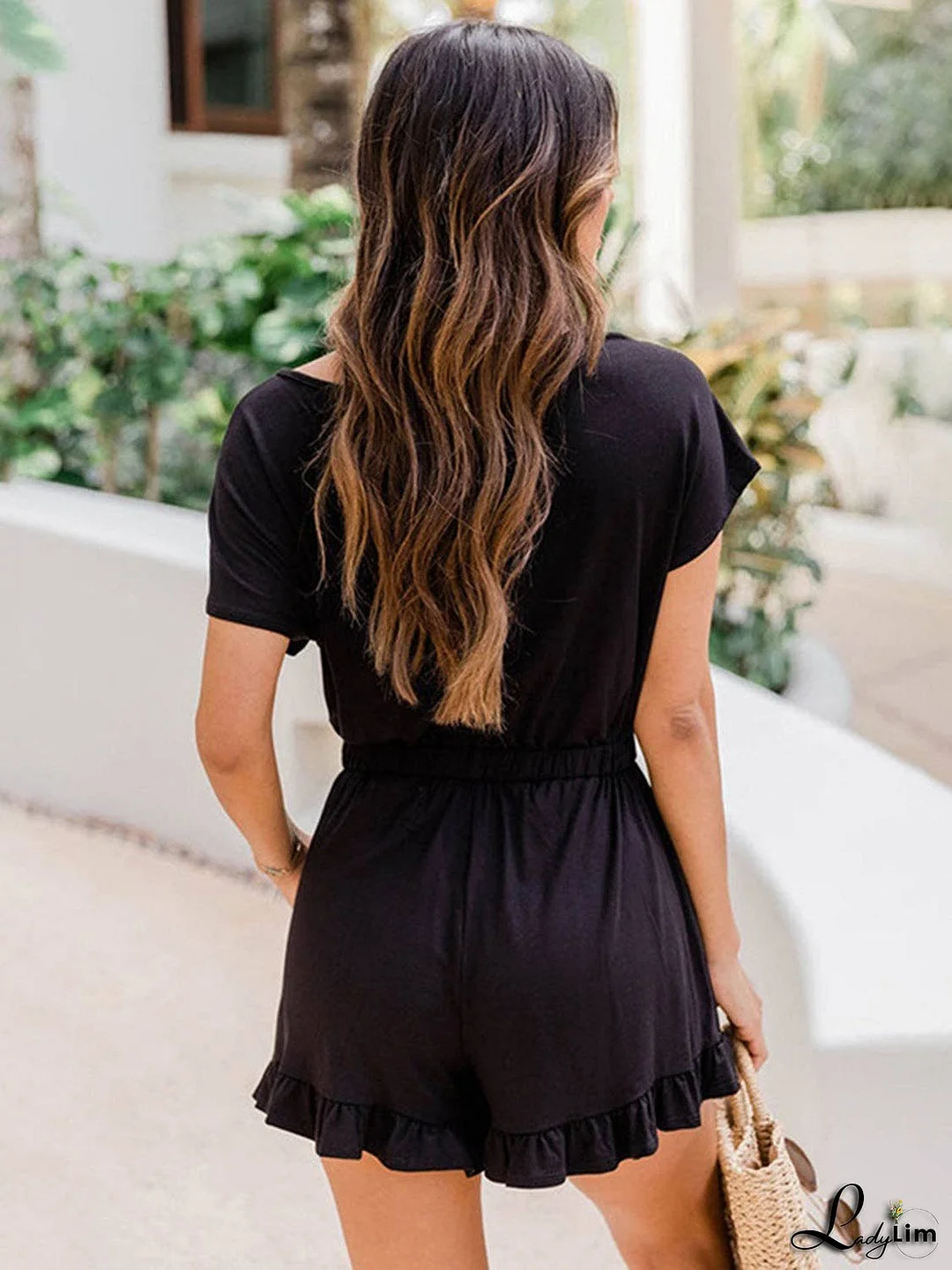 Ruffled Boat Neck Short Sleeve Romper