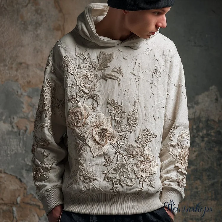 Men's Vintage Floral Embroidered Comfy Hoodie