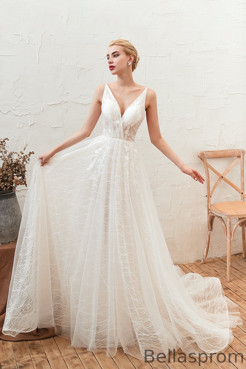 Bellasprom Classic Deep Open Back Wedding Dress With Lace Tulle V-Neck Bellasprom