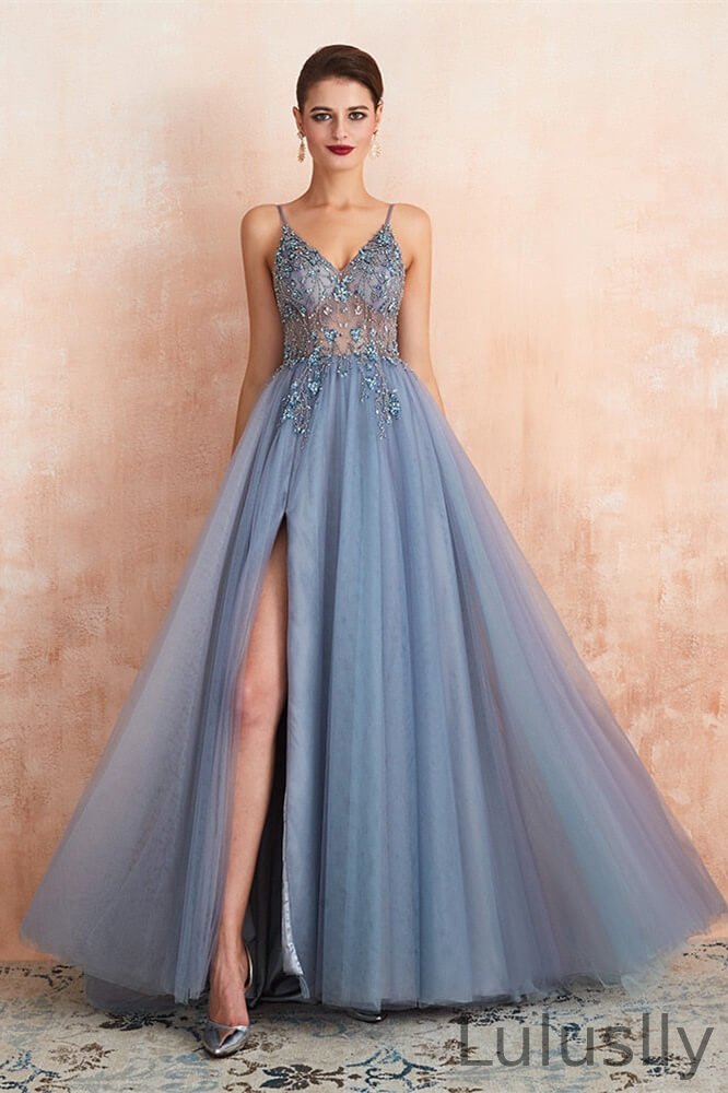 Luluslly Spaghetti-Straps V-Neck Prom Dress Beadings SPlit Tulle Long Open Back