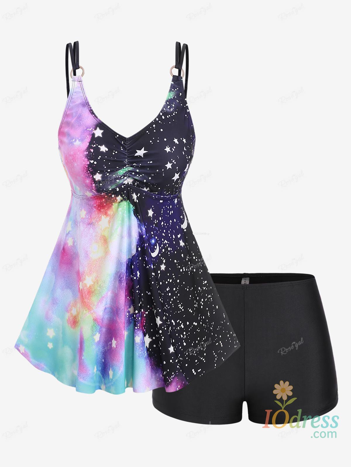 IO Dress ROSEGAL Plus Size Women's Plus Size Ruched Galaxy Moon Stars Printed Boyleg Tankini Swimsuit