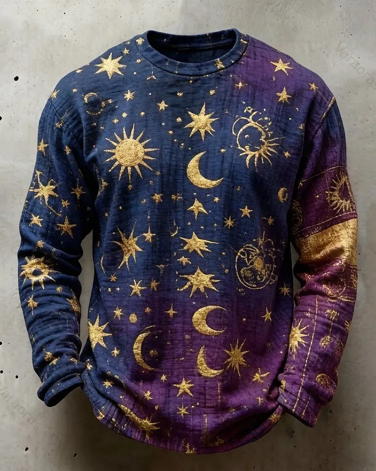 Men's Summer Casual Long-Sleeve Shirt with Star and Moon Print and Embroidery 2450