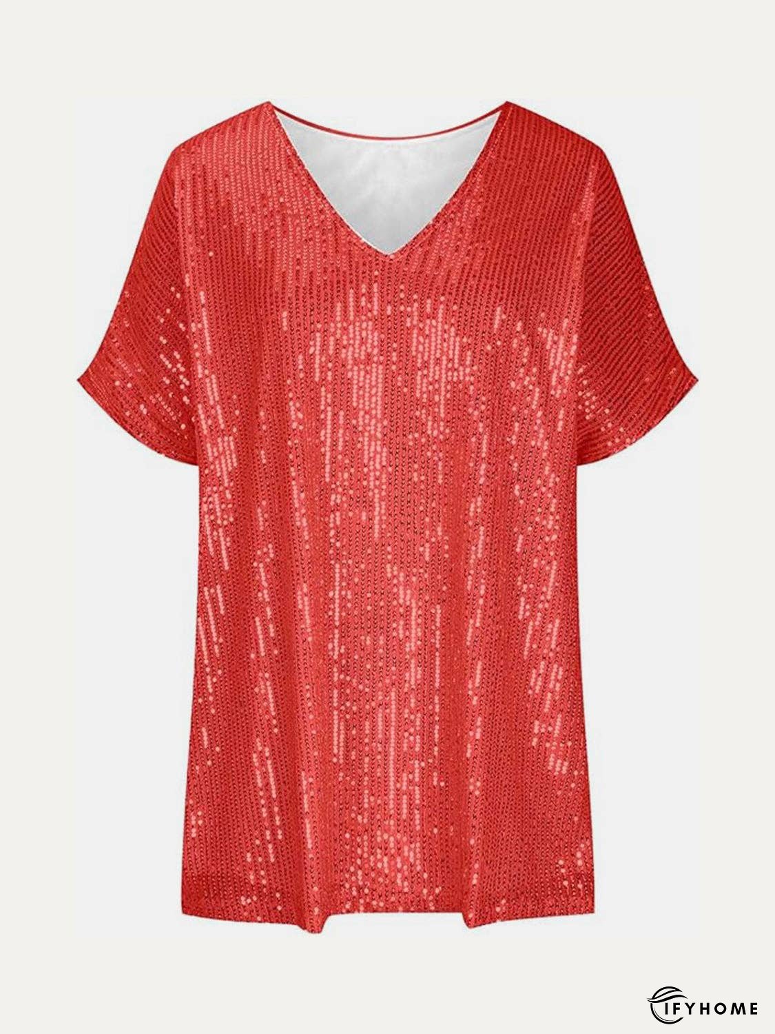 Full Size Sequin V-Neck Short Sleeve Top | IFYHOME