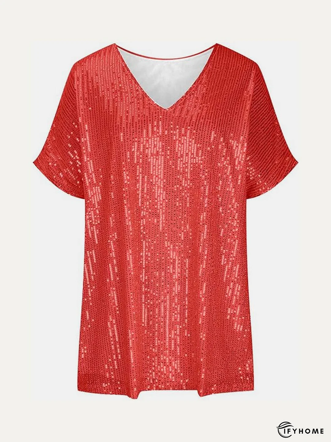 Full Size Sequin V-Neck Short Sleeve Top | IFYHOME