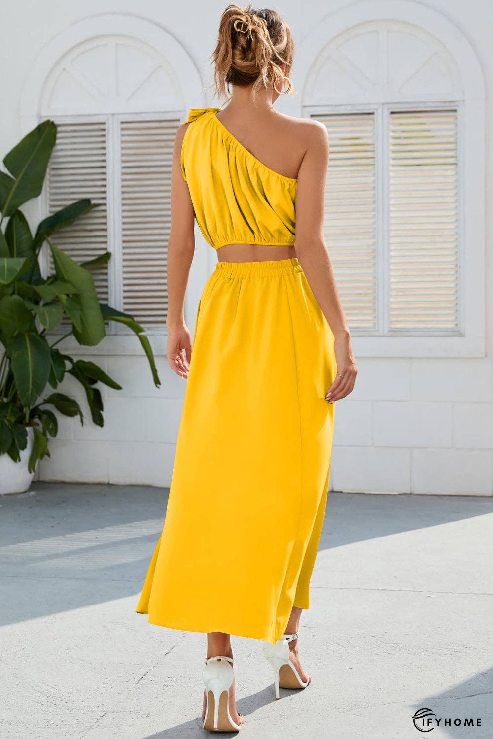 Ruched One Shoulder Top and Slit Skirt Set | IFYHOME