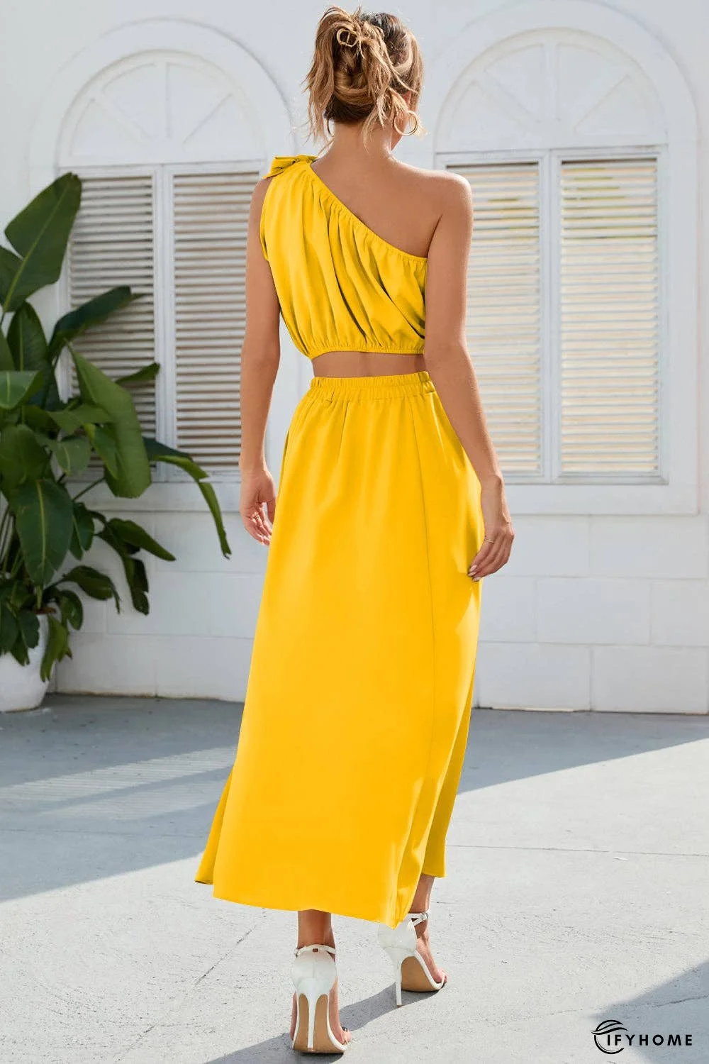 Ruched One Shoulder Top and Slit Skirt Set | IFYHOME