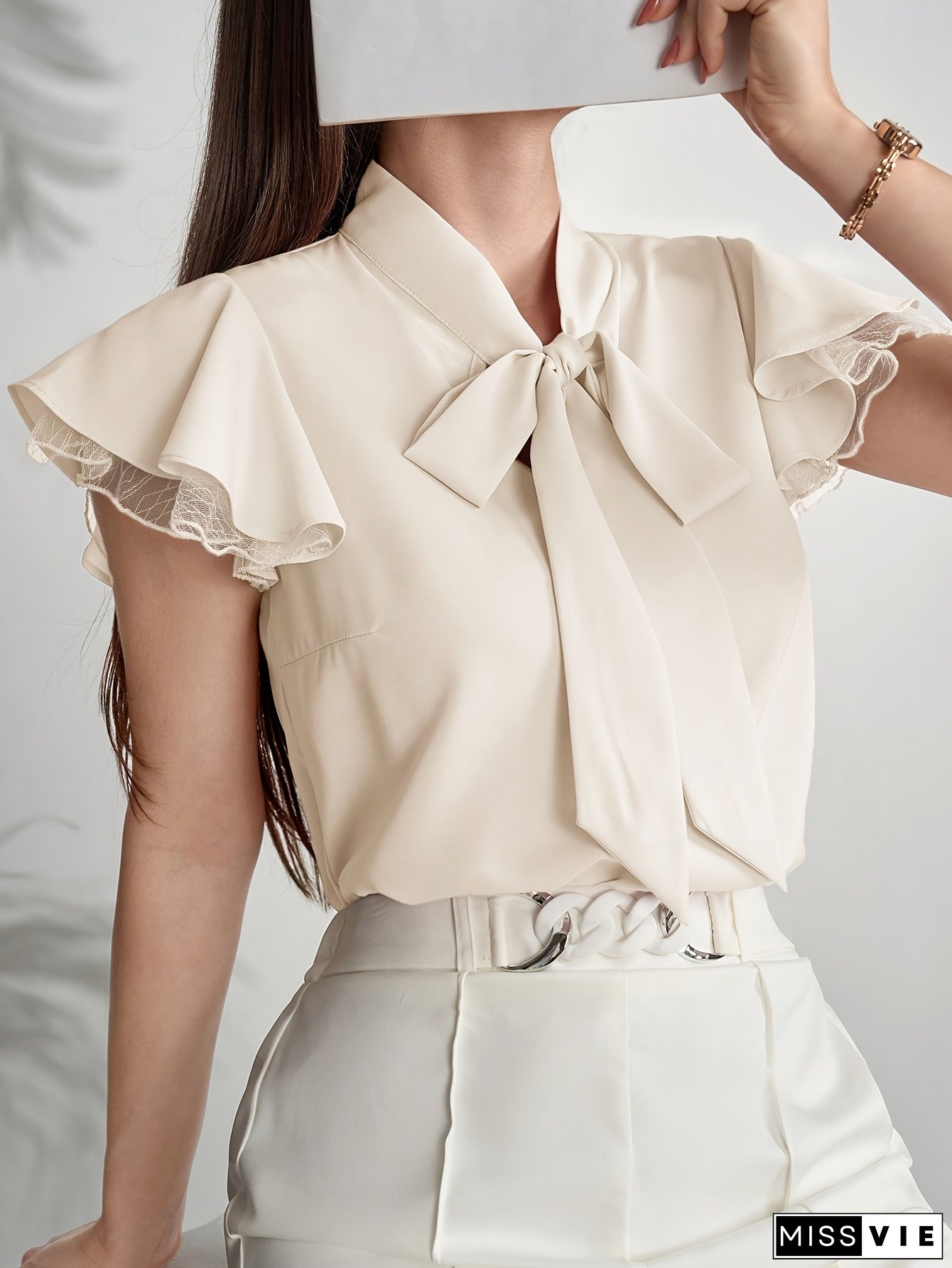 Women's Elegant Beige Mesh Panel Ruffle Sleeve Blouse with Bow Tie - Lightweight Polyester, Semi-Sheer Summer Top for Stylish Outfits