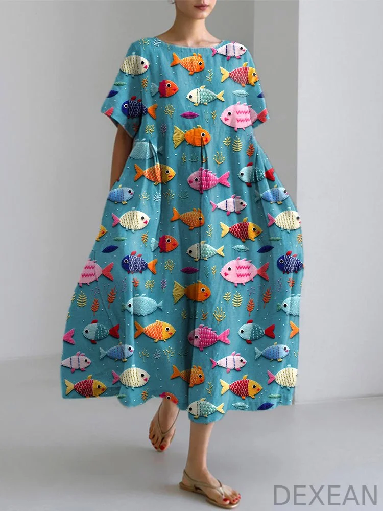 Cute Fish Embroidery Pattern Linen Blend Dress