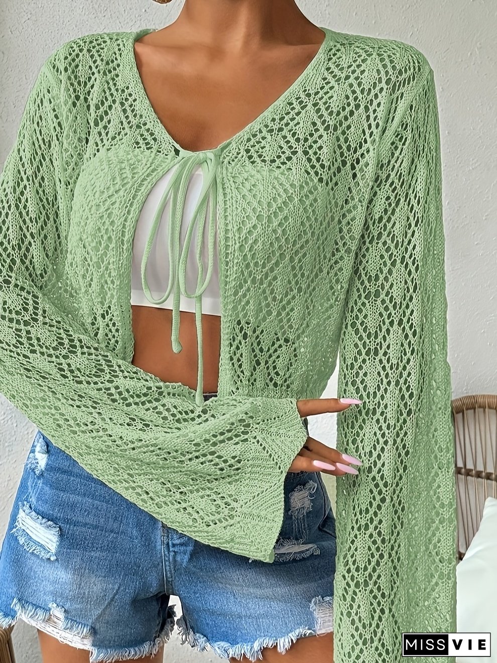 Women&lsquo;s Lightweight Sheer Knit Cardigan with Tie Front and Bell Sleeves - Casual Open Front Hollow Out Design, Perfect for Spring/Summer, Solid Color, Long Sleeves