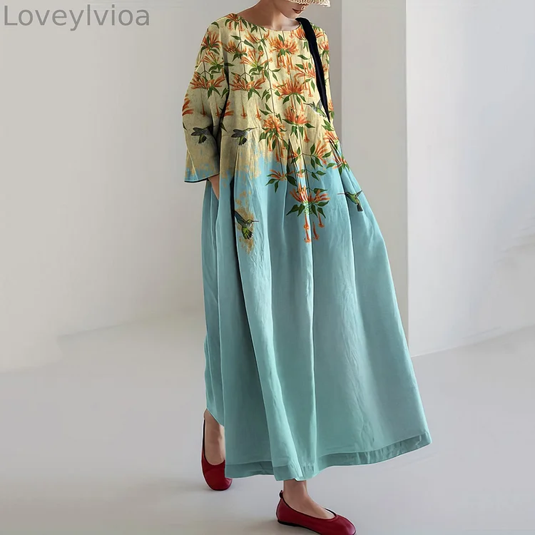 Women'S Flower And Bird Pattern Round Neck Dress