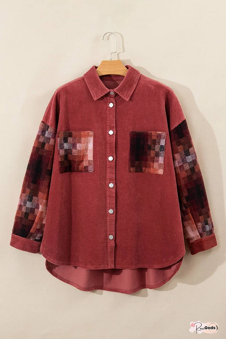 Checker Patchwork Raw Edge Corduroy Jacket