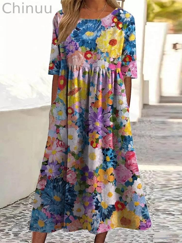 Women's Vintage Lovely Floral Art Print Pocket Cotton Dress