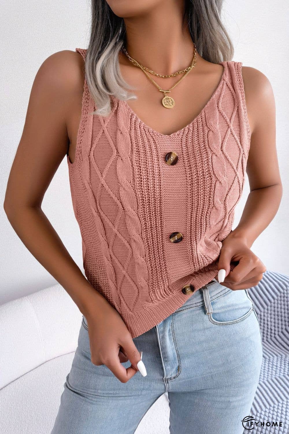 Decorative Button Mixed Knit Tank | IFYHOME