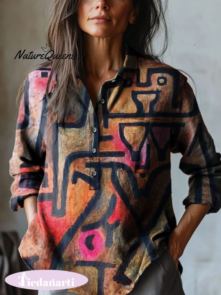 Women's Abstract Black Art Print Casual Cotton And Linen Shirt