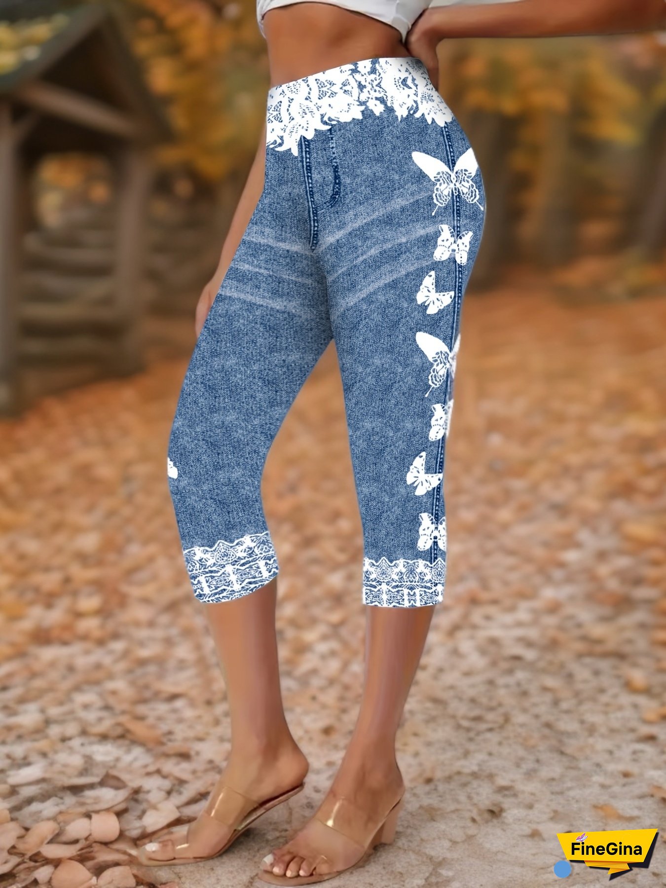 [Butterfly Print Leggings] Tingyu Women's High Elastic Waist Butterfly Print Capri Leggings | 1 Pair, 95% Polyester & 5% Elastane, Machine Washable, Anti Denim Faux Pocket, All-Season Comfort Fit for Casual Wear