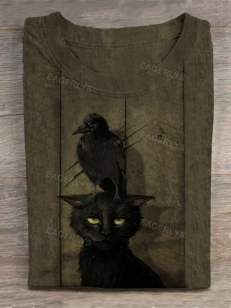 Eagerlys Crow Perched on Cat's Head T-shirt Eagerlys