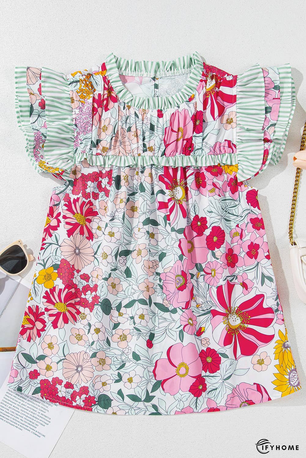 Floral Print Contrast Ruffle Trim Short Sleeve Blouse | IFYHOME