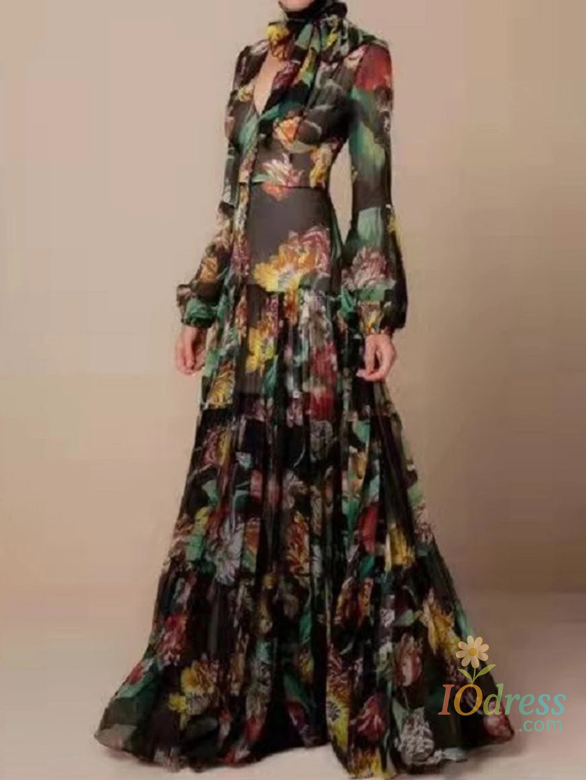 IO Dress Vestidos Ladies Elegant Floral Print Lantern Long Sleeve Casual Chiffon Dress V-Neck Large Swing Dress New Spring Autumn Dresses IO Dress