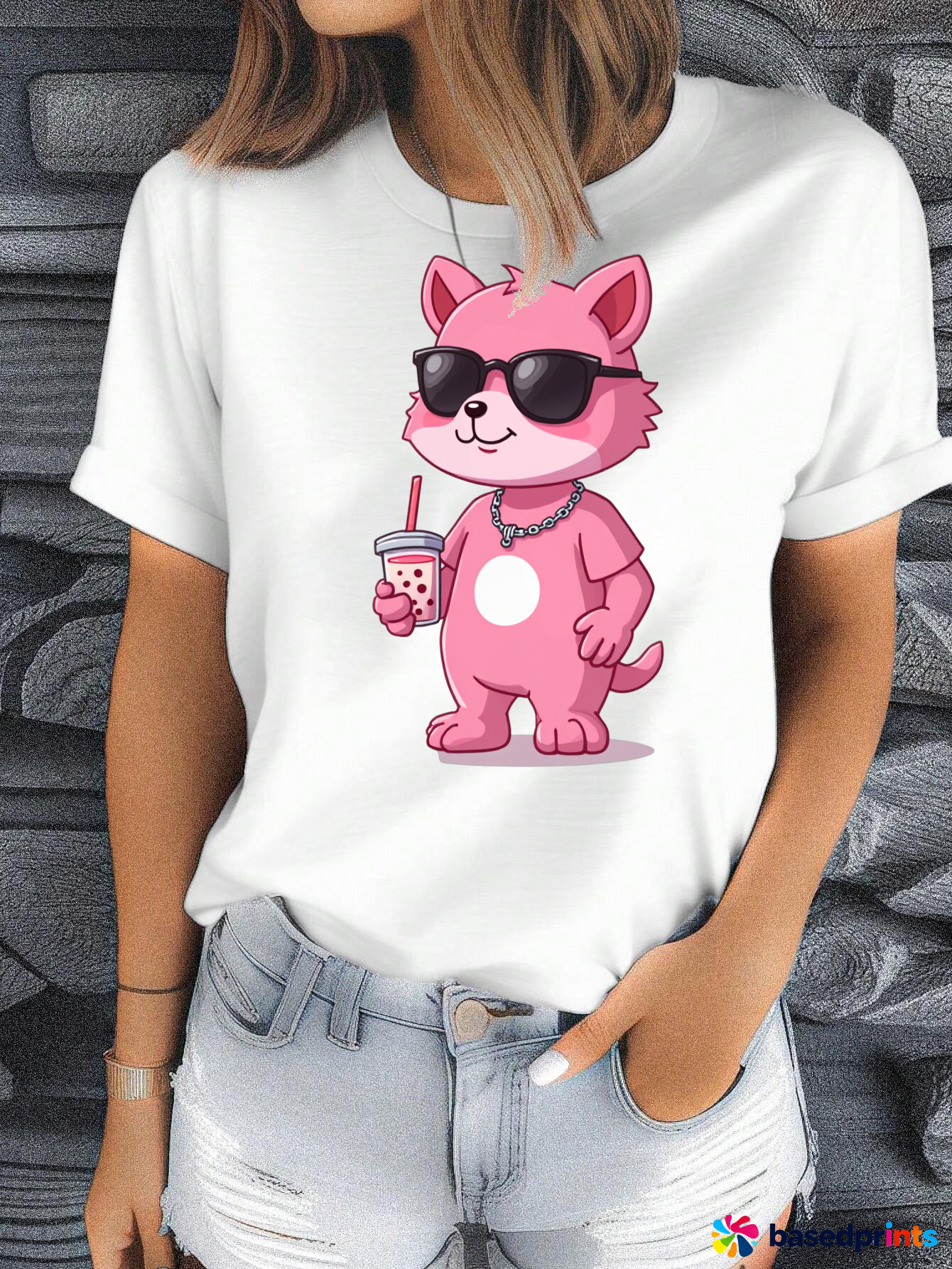 Pink Cat Holding Drink T-Shirt Women Casual Summer Tops