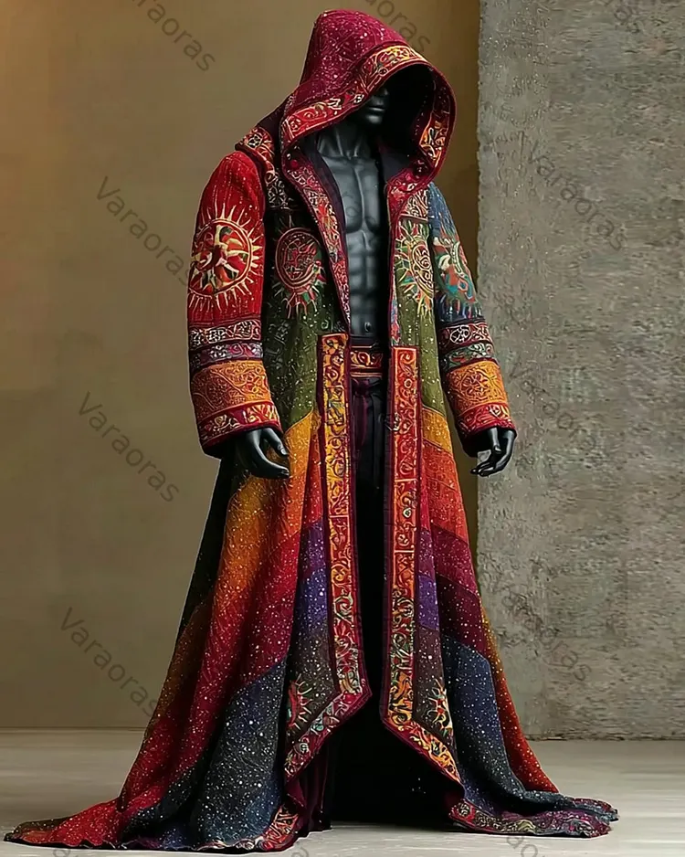 Men's Summer Fashion Star and Moon Print Linen Hooded Cape 1492