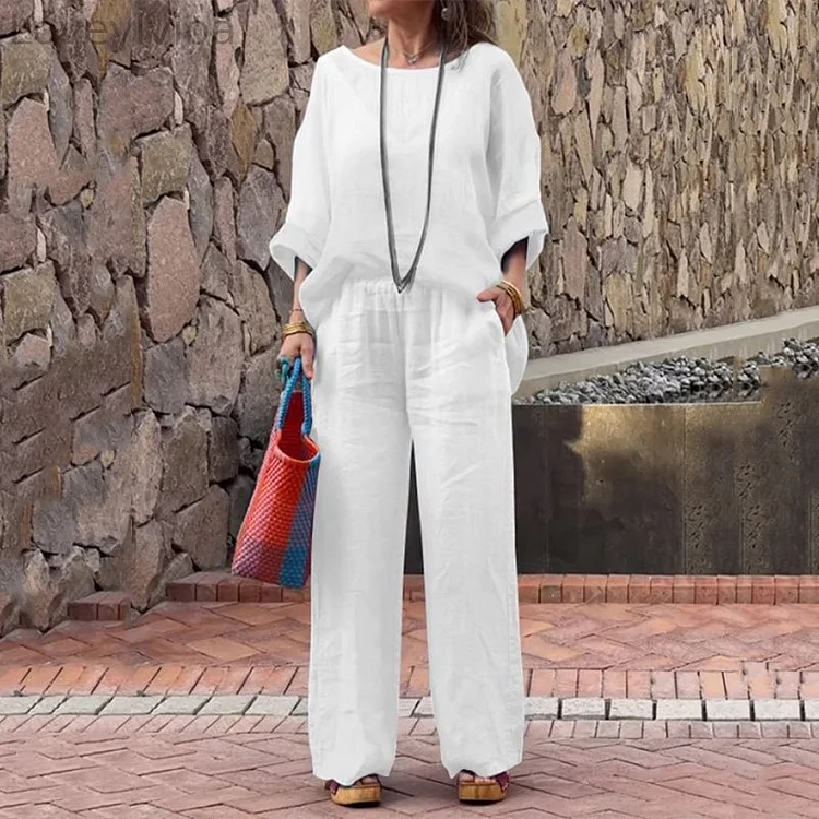 Solid Color Loose Casual Long Sleeved Shirt Two Piece Set