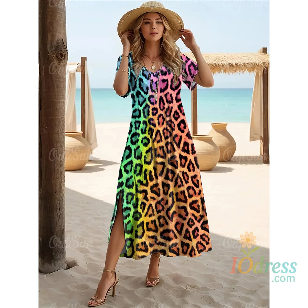 IO Dress 2024 New Colorful Leopard Print Dresses For Women Plus Size Holiday Dresses Summer Female Long Dresses Women's Clothing Fashion