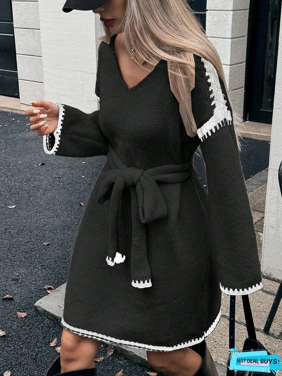 Womens Elegant V-Neck Sweater Dress Long Sleeve Loose Fit with Belt Chic Office Party