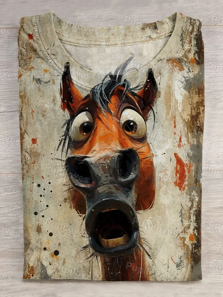 Pupiloves Pupiloves  Funny Horse Art Print Short Sleeve Casual T-shirt