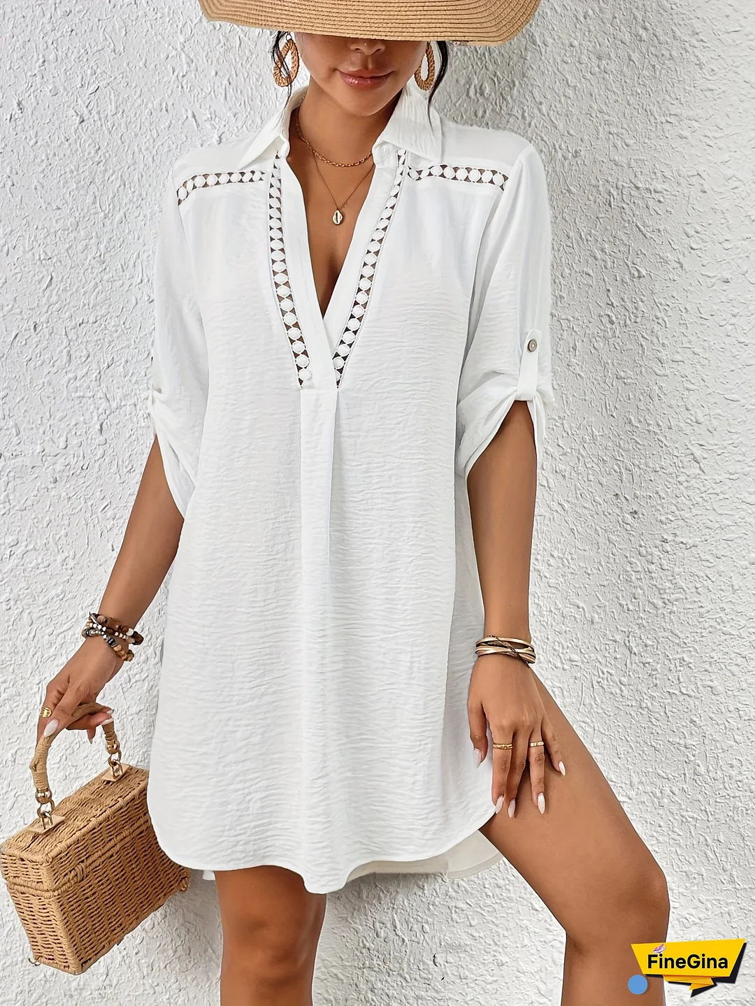 Women's Solid Color Short Swimsuit V-Neck Beach Shirt Dress Casual Beach Vacation Sun Protection Shirt Swimsuit Cover Up