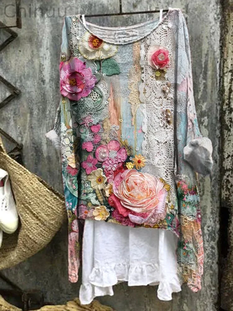Vintage Floral Lace Embroidery Art Linen Blend Shirt