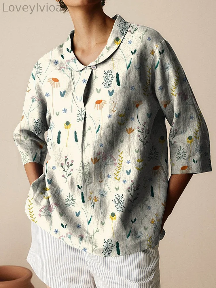 Women's Vintage Floral Art Print Casual Linen Cotton 3/4 Sleeve Shirt