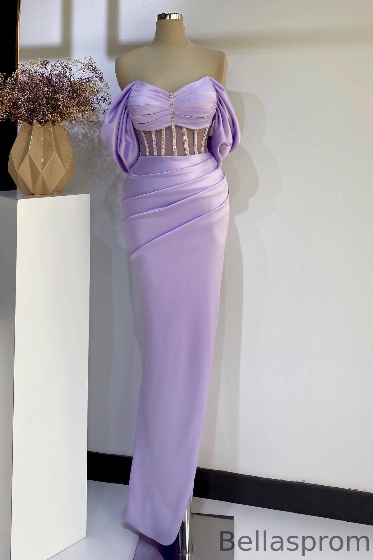 Bellasprom Lilac Off-the-Shoulder Sweetheart Sleeveless Mermaid Prom Dress With Beadings Bellasprom