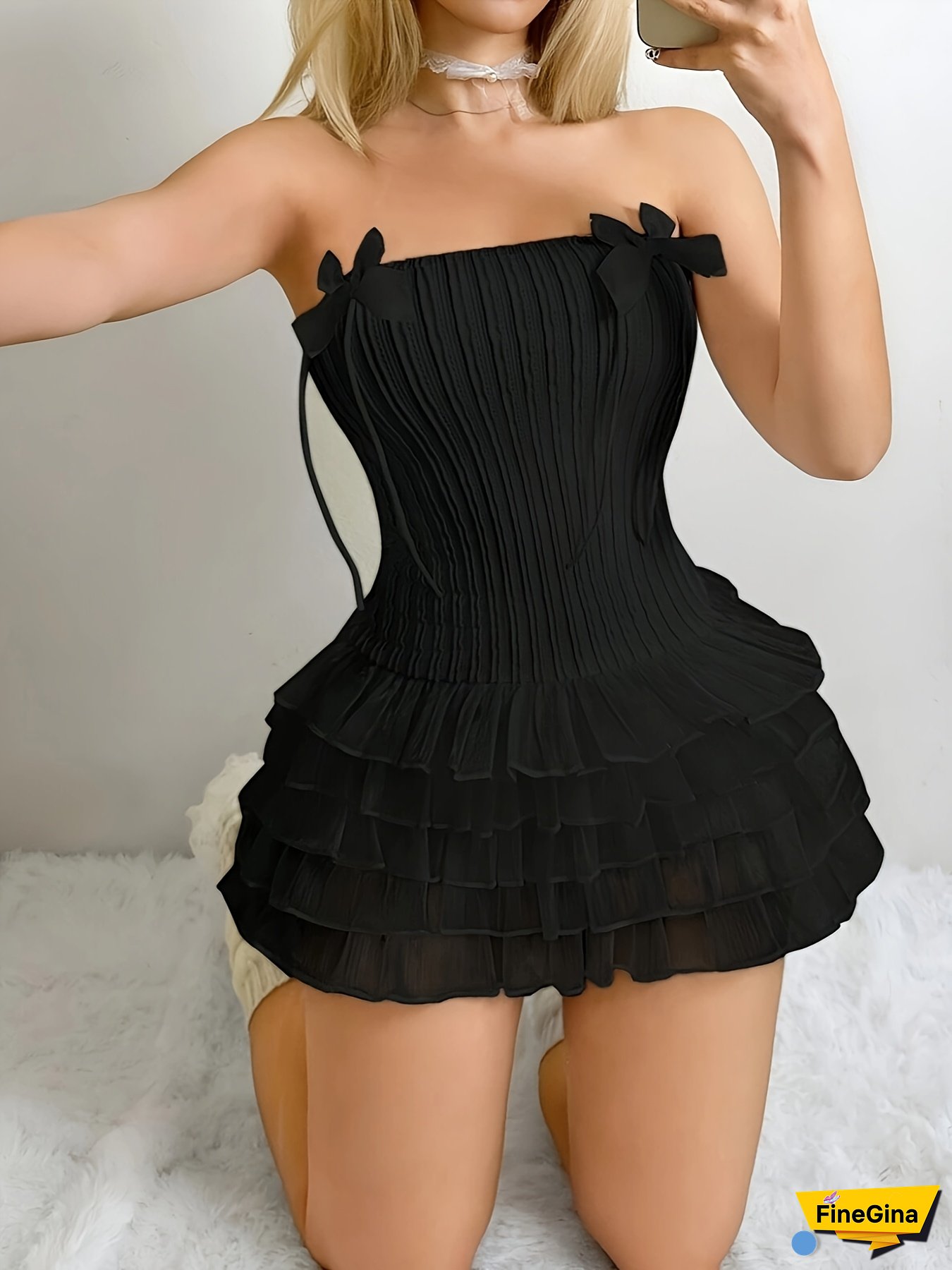 Y2k-Inspired Off-Shoulder Ruched Mini Dress With Bow Detail - Black Layered Ruffle Hem, Sleeveless Bodycon For Women, Perfect For Spring/Summer Parties & Casual Outings, Cute Dress, Summer Fashion, Offshoulder Style, Ruched Texture