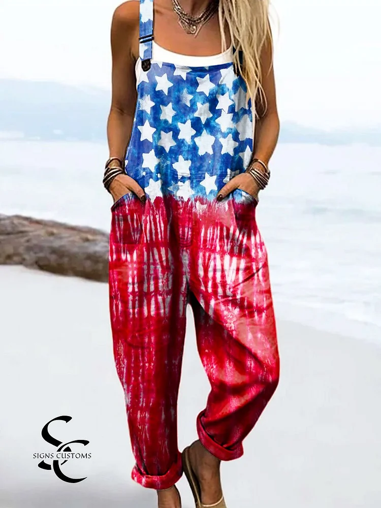Women's Vintage Independence Day Print Casual 100% Cotton Wide Leg Jumpsuit