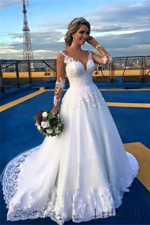 Luluslly Long Sleeves Lace Wedding Dress A Line With V-Neck