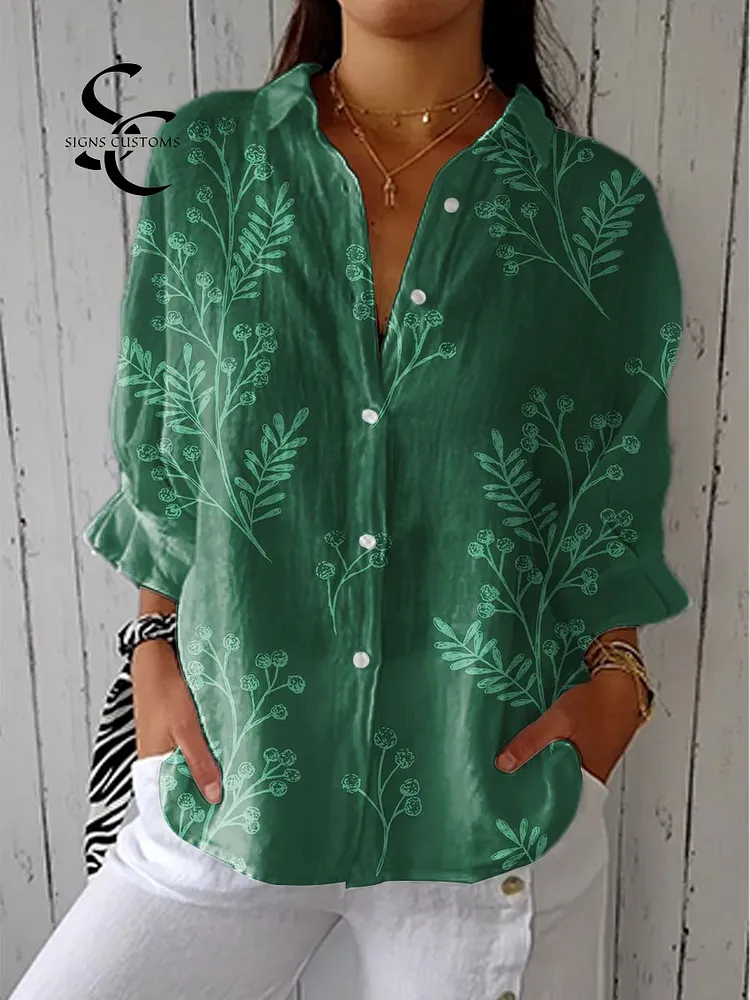 Women's Vintage Flower Art Print Casual Linen V-neck Shirt