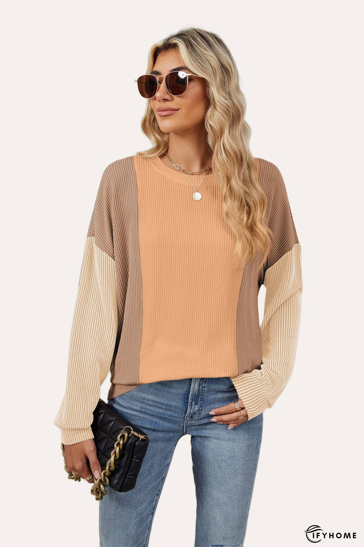 Double Take Texture Contrast Round Neck Long Sleeve T-Shirt | IFYHOME