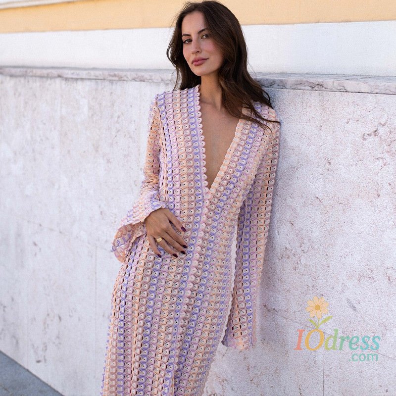 IO Dress Crochet Colorful Stripe Flare Sleeve Maxi Dress Women V-neck High Split Sexy Lace Long Dresses 2024 New Beach Banquet Vestidos IO Dress