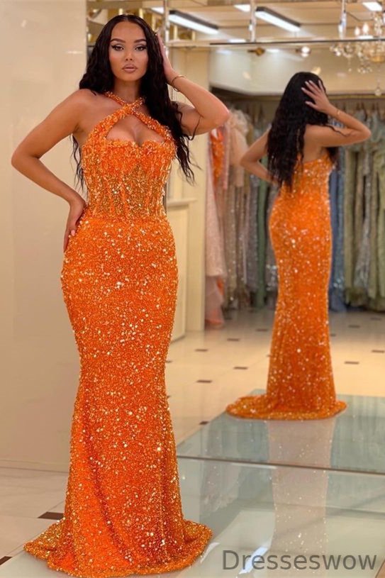 Dresseswow Orange Halter Sleeveless Sequins Prom Dress Long Mermaid On Sale