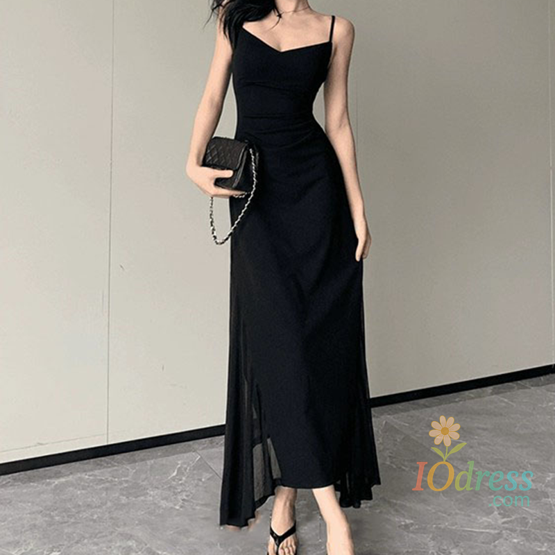 IO Dress Korean V-Neck Spaghetti Strap Dress for Women Sexy Backless Waist-Tight Party Dresses Woman Elegant Black Sheer Midi Dress New