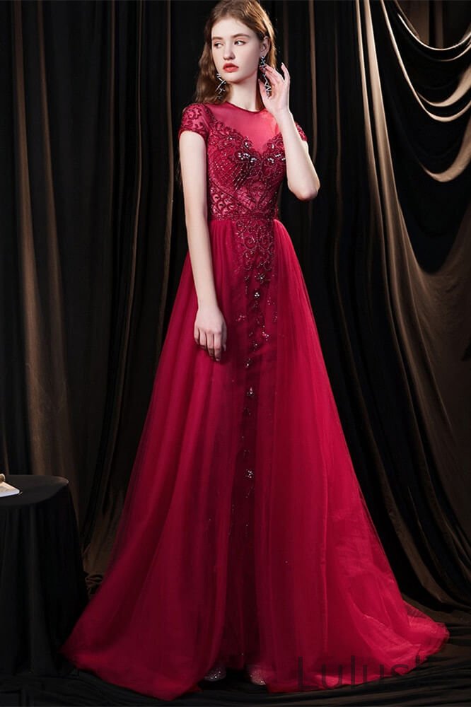Luluslly Burgundy Cap Sleeves Tulle Evening Dress With Beadings