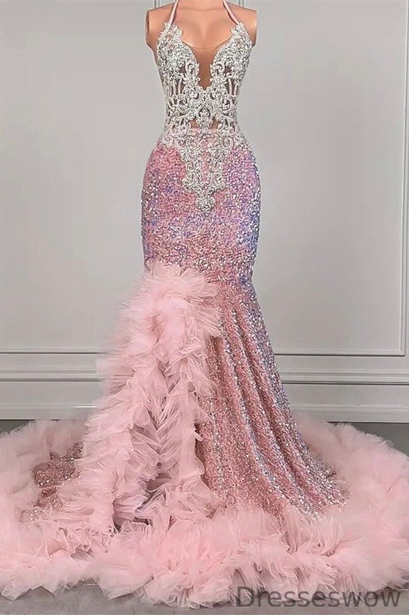 Dresseswow Pink Halter Mermaid Evening Dress Sequins Sleeveless Beadings With Tulle Ruffle
