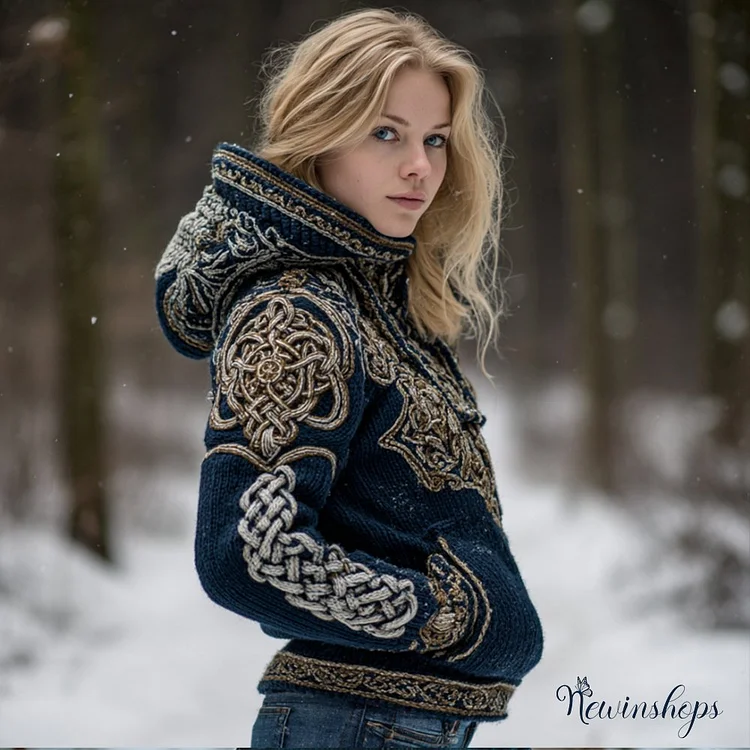 Women's Viking Style Navy Blue Hooded Sweater