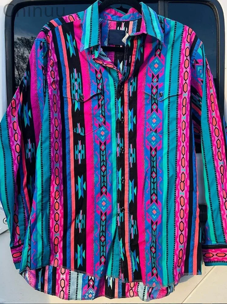 Vintage Western Stripe Art Print Casual Shirt