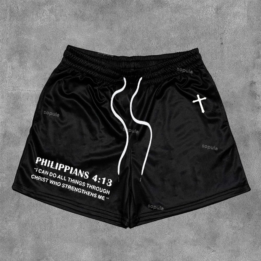 Sopula Vintage Philippians 4 13 Graphic Casual Street Mesh Shorts